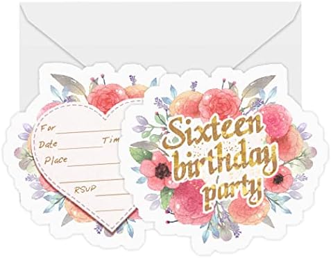Покани за парти в чест на рождения ден за Момичета, Сладки Шестнадцатилетние Аксесоари за парти в чест на 16-годишнината от 20 Покани в пликове, Розовият Венец