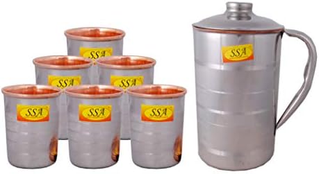 Комплект стъклени делви Shiv Shakti Arts® Silver Touch Луксозен дизайн от стомана и Мед - Комплект посуда за напитки от 7 позиции - (Капацитет до 1,5 литра)