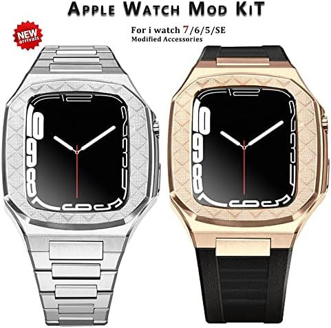 Комплект модификация CNHKAU Метален bezel за Apple Watch 8 7 6 5 4 42 мм 44 мм 45 мм Рамка на корпуса часа Подмяна на метална каишка за iWatch Band 41 mm (Цвят: 10 мм Златна закопчалка размер: 44