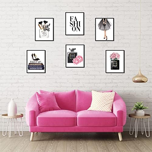 Модерен Бляскав Плакат на стената - Черно-Розово Модни снимки Без Рамки, Бижута, Чанта, Парфюми, Цветя, Високи