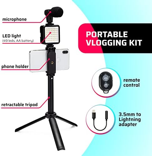 Комплект за видеоблогинга за iPhone, настолни компютри, Android, 10 5 фута + околовръстен осветление, микрофон