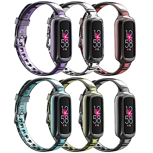 6 Опаковки ремъците, съвместими с Fitbit Luxe/Luxe SE за жени и мъже, Прозрачни въжета за спортни часа с подмяна на корпуса броня за Fitbit Luxe/Luxe SE, Прозрачни /Оранжево/ Лилаво/Жъ?