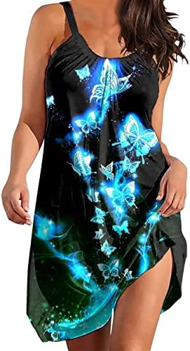 Летни рокли за жените 2023, Ежедневни Слънчеви Рокли за спагети презрамки с кръгло деколте и принтом Пеперуди, Богемное къса Рокля Трапецовидна форма, Swing