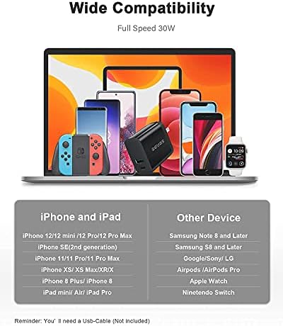 Зарядно устройство, USB C, Стенно Зарядно Устройство Seyas Мощност 30 W, 2 Порта, Бързо Зарядно Устройство, захранващ Адаптер, Складное Зарядно устройство PD за iPhone, iPad Airpods,