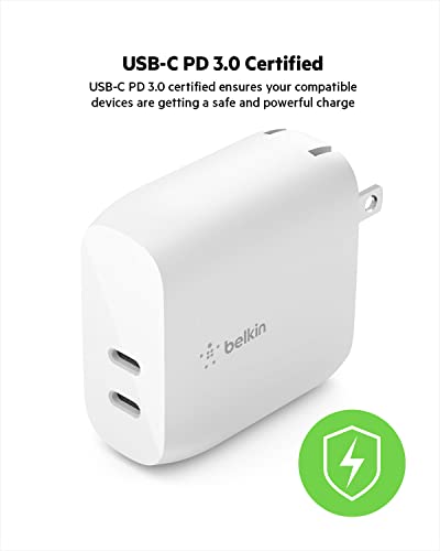Belkin BoostCharge Pro е Гъвкава Оплетка кабел USB Type C до Lightning (2 м / 6,6 фута) и Двухпортовое Монтиране на зарядно устройство, USB C 40 Вата Зарядно устройство, USB Type C, за бързо зарежд?