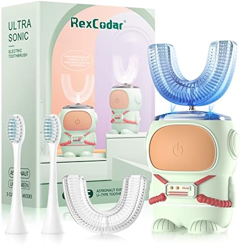 Ултразвукова Детска U-образна електрическа четка за зъби, водоустойчивост IPX7, Пет режима на почистване, интелигентно напомняне за 60 секунди (Cartoony астронавт, зелен в