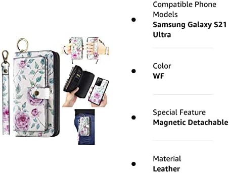 AIFENGCASE е Съвместим с Samsung Galaxy S21 Ultra, една Чанта-портфейл за телефон за жени и мъже, Гривни, Клатч, Кожен калъф с цип, за Носене-портфейл, Държач за карти, Магнитни Свалящ