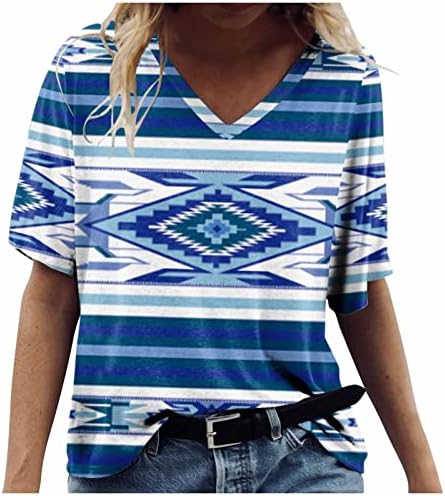 Дамски Ежедневни Блузи с Геометричен Модел на Ацтеките, Лятна Тениска С V-образно деколте, Ретро, Къс Ръкав, Извънгабаритни
