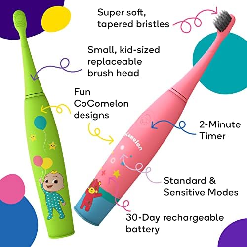 Комплект детски Електрическа Четка за зъби CoComelon x BURSTkids с 4 Сменяеми Глави - Детска четка за Зъби с мек косъм за деца от 2 години - JJ Pink