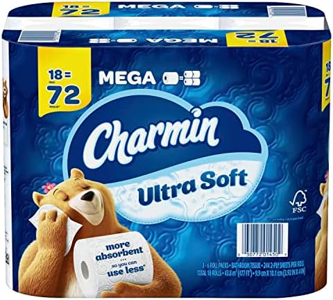 Тоалетна хартия Charmin Ultra Soft, 18 мега-ролки = 72 конвенционални ролка