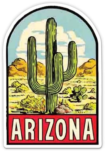 Етикети Arizona - 2 опаковки, 3-инчов стикери - Водоустойчив винил за колата, телефон, бутилки с вода, лаптоп - Аризона със стикери в ретро стил Saguaro (2 опаковки)
