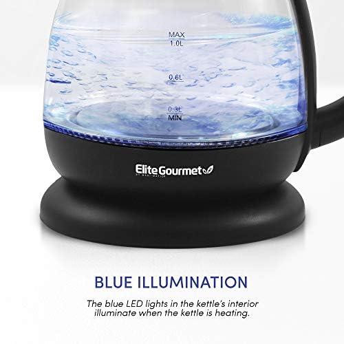 Електрически Стъклена кана Elite Gourmet EKT1001B, която не съдържа бисфенол А, Безжична основата на 360 °, Стилен синя led корпус, удобна функция за автоматично изключване – Бъ?
