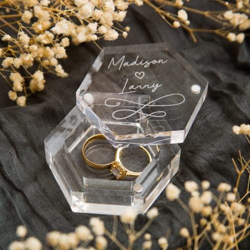 Персонални прозрачна кутия за годежни пръстени с шестоъгълни глави, романтична кутия за приносителя на сватбени декорации с надпис, кутия за брачни халки за церем?