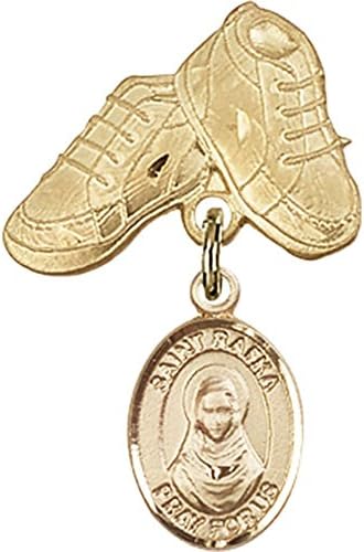 детски икона от Жълто злато 14 карата с чар Свети Рафта и игла за детски сапожек размер 1 X 5/8 инча
