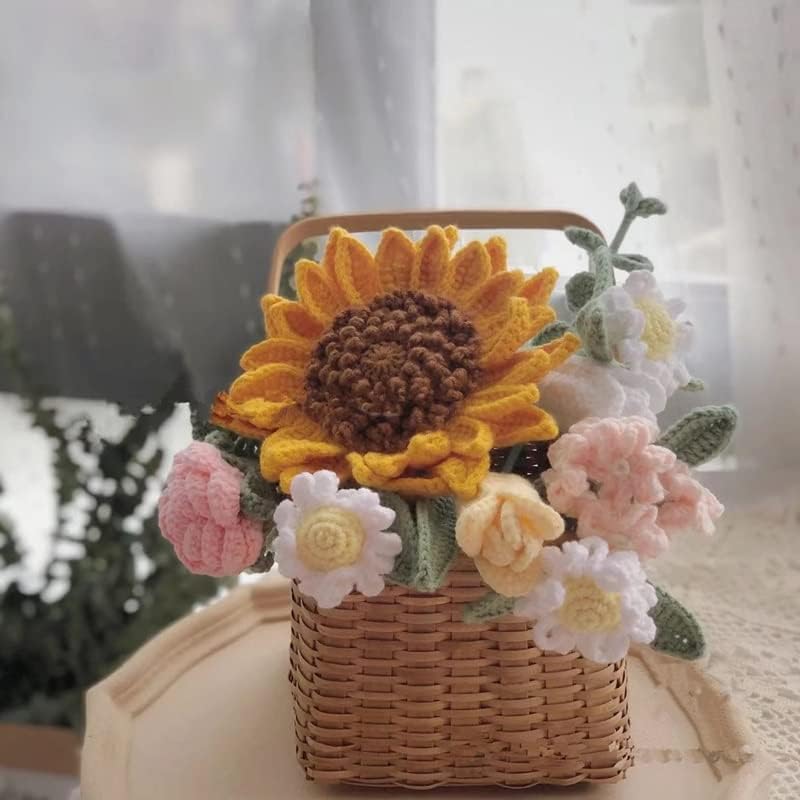 BKDFD Букет от Слънчогледи ръчно изработени Смесена Кошница на Готови цветя от вълна Креативен Подарък за Деня на учителя