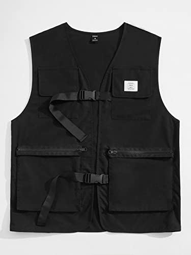 Якета OSHHO за жени и мъже, Жилетка-яке с заплаткой под формата на писма, джоб с лента и катарама (Цвят: Черен Размер: XX-Large)