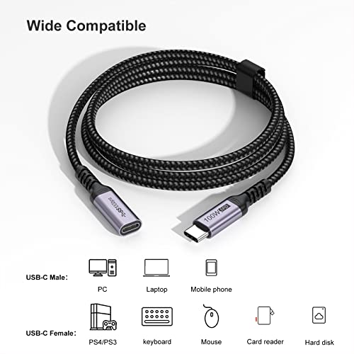 Удължител за USB C 10 фута на 2 опаковки, удължителен кабел USB Type C от мъжа към жената, Удължител Плетеного кабел USB3.1 Gen2 100 W, Бързо зареждане, прехвърляне на 10 Gbit/s, Съвмест?