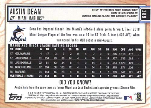 2019 Topps Висша лига 289 Austin Dean RC Нов Miami Марлини MLB Бейзбол Търговска карта