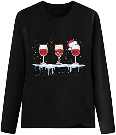 Дамски Коледа Риза с Чаша Червено Вино, добре облечени Ежедневна Блуза с V-образно деколте и Дълъг Ръкав, Празнични Дрънкулката, Коледна Шапка, Графични Върховете