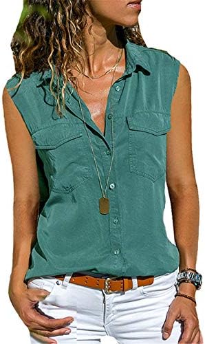 Дамски Однотонная Ежедневни Риза с Ревери Andongnywell, V-образно деколте, Без Ръкави, Свободна Ежедневна Блуза