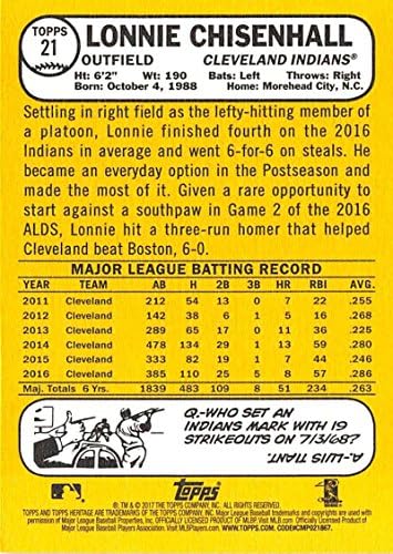 2017 Topps Heritage #21 Бейзболна картичка Лони Чизенхолла Кливланд Индианс
