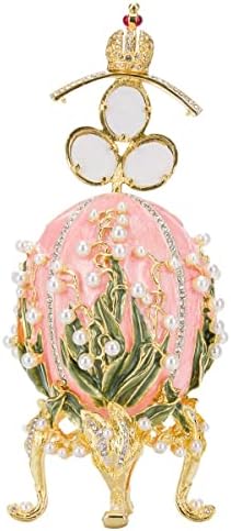 емилия-сувенири Яйце с лилии от долината в стил Фаберже с фоторамками 7,6 инча (19 см) на розов цвят