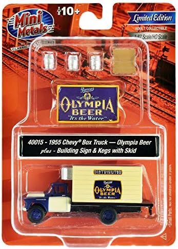 Бира камион Mini Metals 40015-1955 Chevy с кегами, Табела Път и изграждане (Olympia Beer), мащаб 1:87