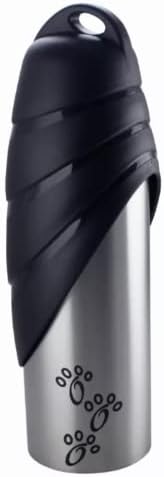 Пътна бутилка за вода за домашни любимци с пластмасов капак от неръждаема стомана, Голяма, Сребристо-черна-Комплект
