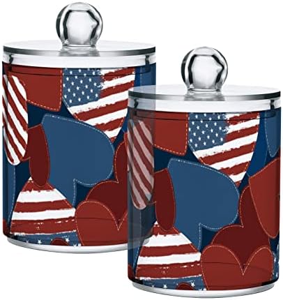 Ретро Американски Флаг Сърцето Титуляр за Памучни Тампони и Контейнери за Баня Буркани с Капаци, Комплект Памучни