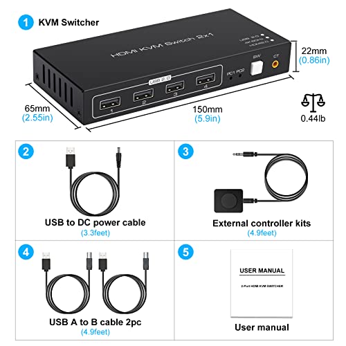 KVM switch 2 Порта HDMI 4K 60Hz 4 port USB2.0 за 2 компютъра 1 Общ достъп към монитора Клавиатура, Мишка, Принтер Поддръжка на Кабелна настолен контролер, включително 2 кабел USB2.0