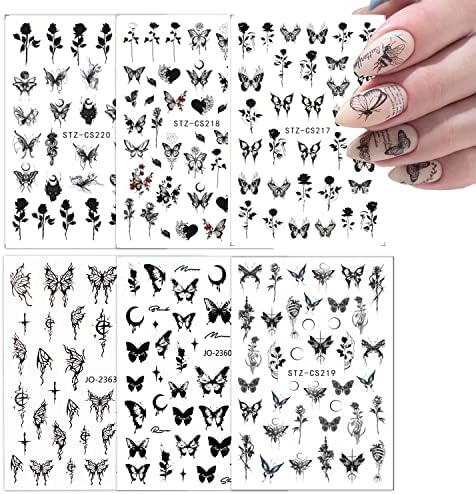6 Листа Стикери за дизайн на ноктите с пеперуди, Стикери за нокти с Черна Роза, Дизайн, 3D Самозалепващи Стикери
