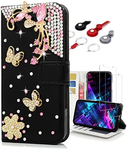 Калъф за телефон Фея Art Crystal Wallet е Съвместим с Samsung Galaxy A03s - Пеперуда - Черно - 3D Кожен калъф ръчна изработка с Блестящи Побрякушками с защитно фолио за екрана и каишка ?